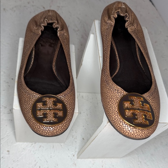 Tory Burch Shoes - Tori Burch light bronze signature, ballet flats barely worn sz 6 with gold logo!